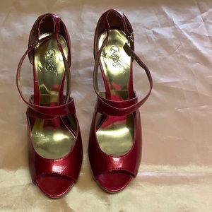 Carlos Red panleather peep toe 3” heels with strap